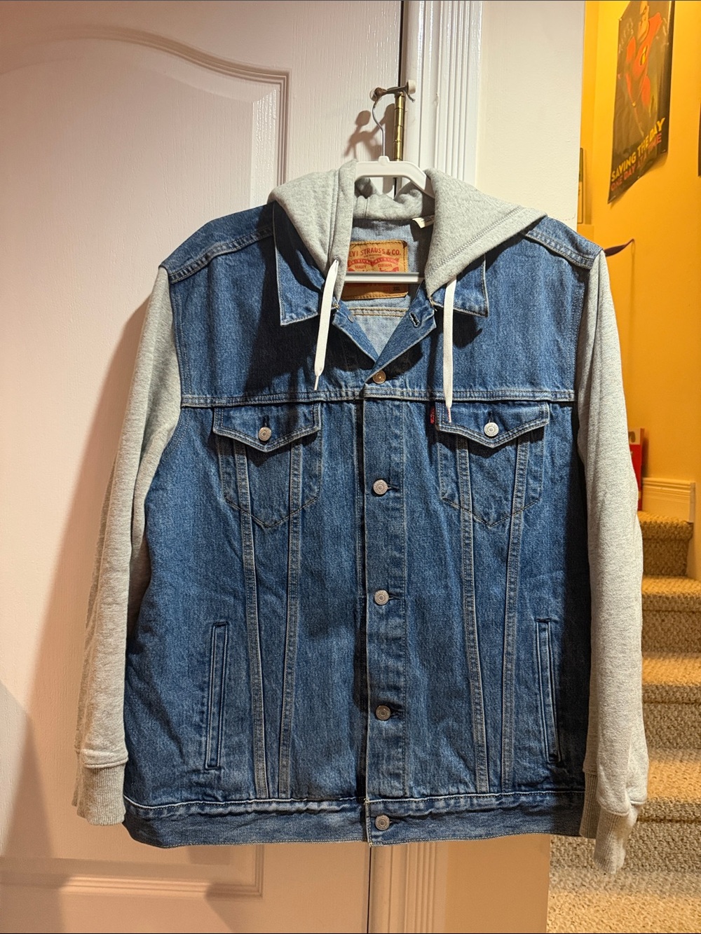 Men’s 3X Levis Denim Jacket with Grey Hoodie Sleeves - Men's Layered Look